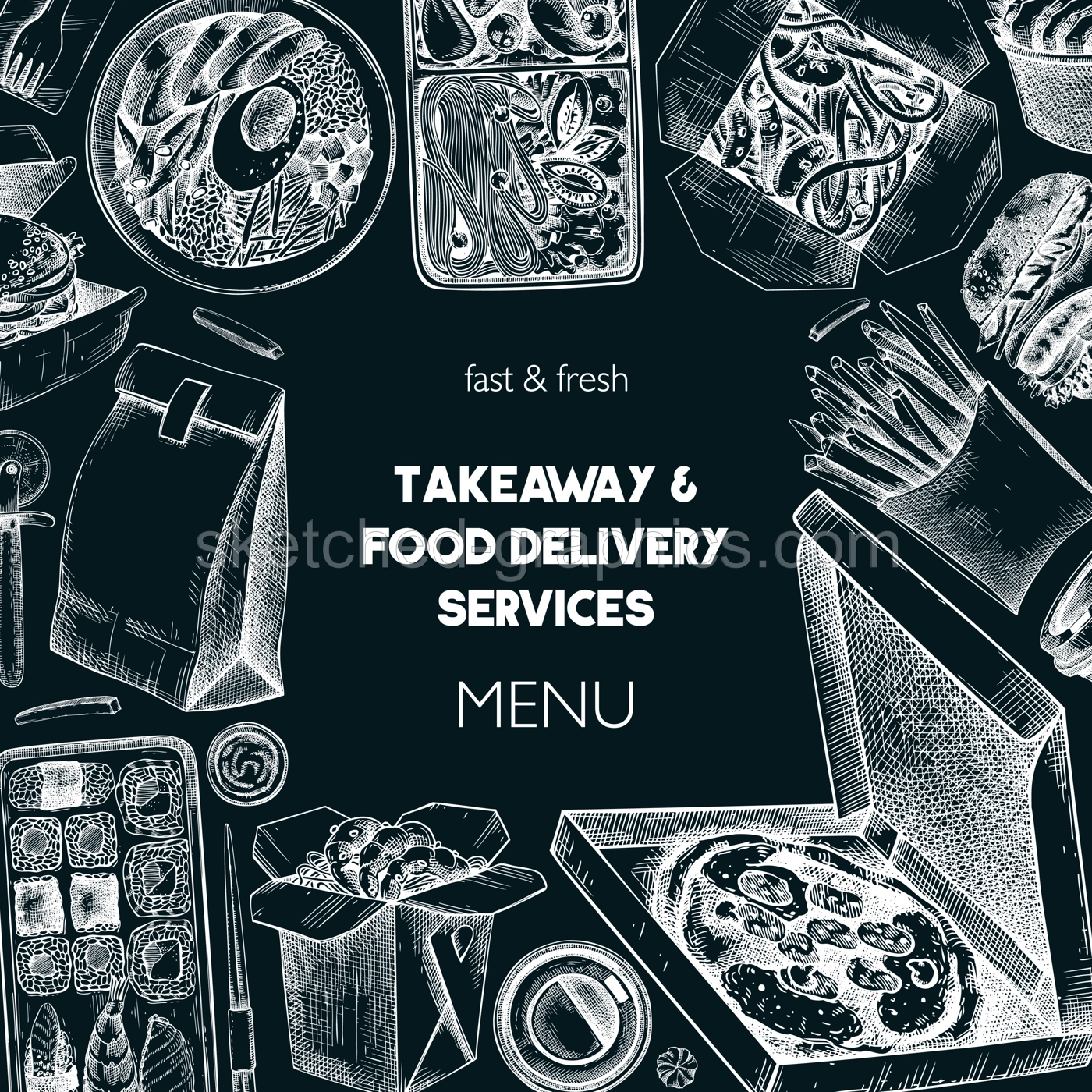Engraved fast food background. Hand-drawn vector illustration on chalkboard. Burger, pizza box, paper bag, coffee cup sketch. Takeaway food menu design. Restaurant delivery banner template Illustration